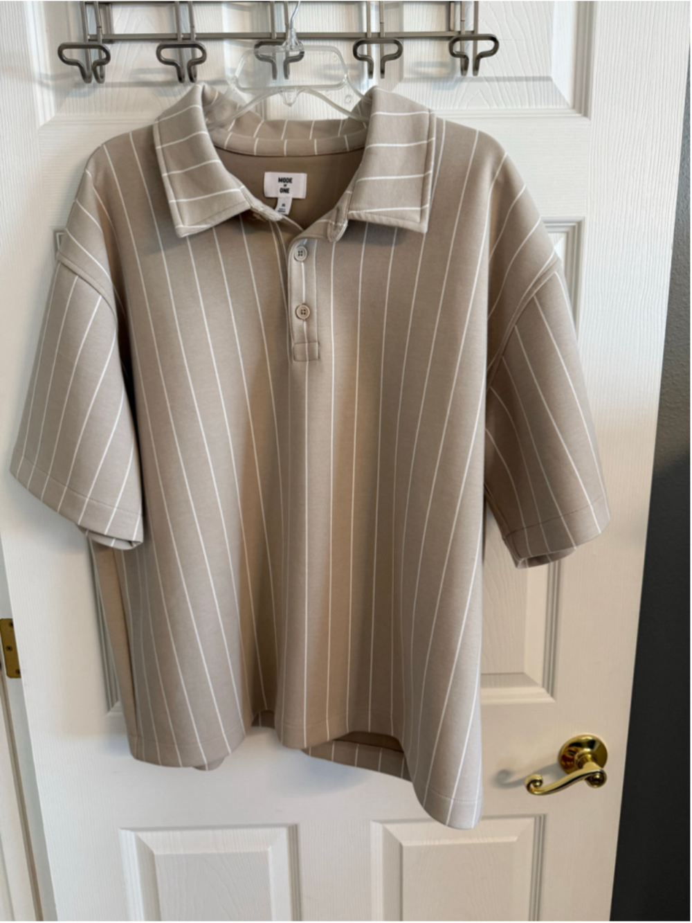 Mode Of One Macy's Pinstripe Polo Shirt Tan White Size XL EUC